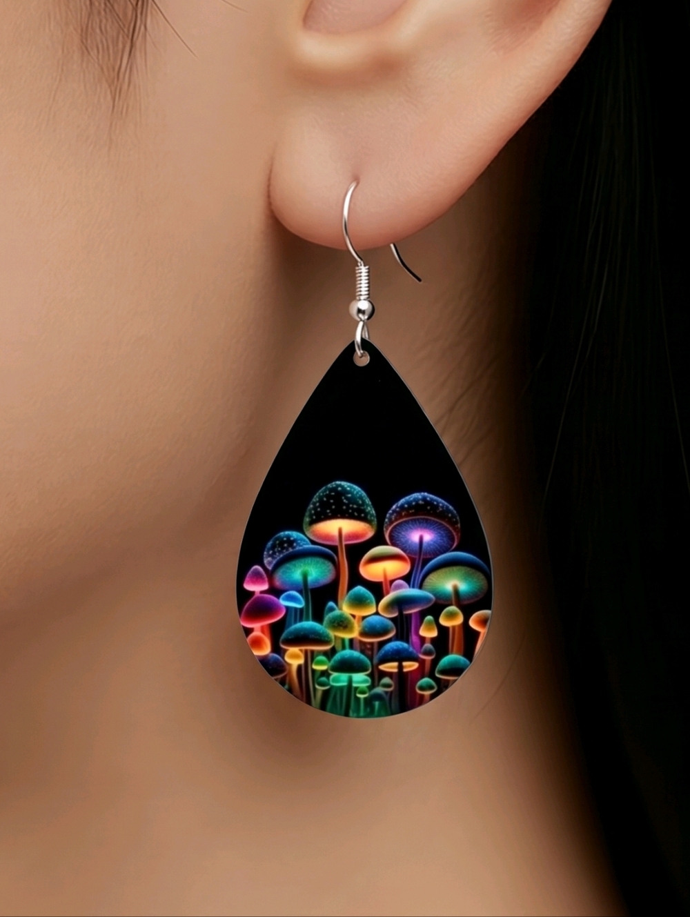 Psychedelic Mushroom Earrings Trippy Magic Shroom Wooden Teardrop Dangle Jewelry